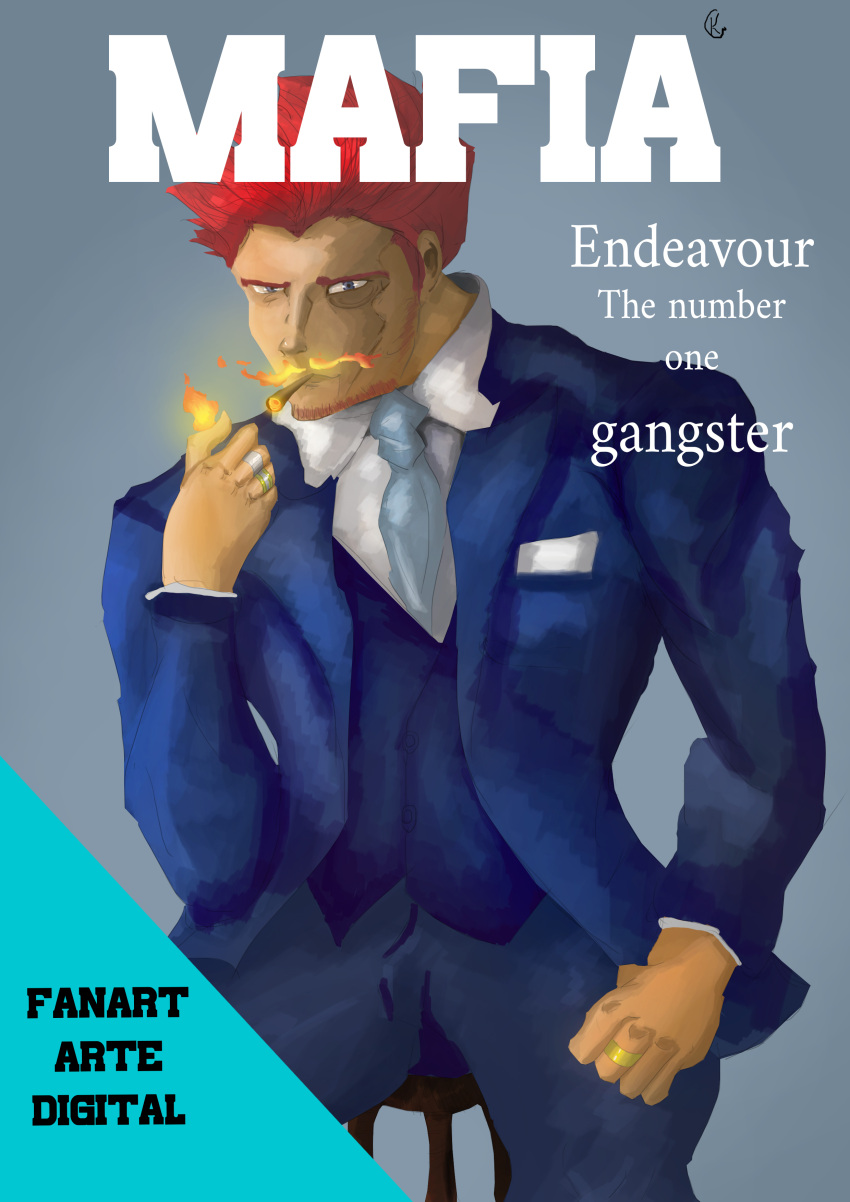 1boy absurdres blue_eyes boku_no_hero_academia casual fire gangster highres kuroro18 large_pectorals looking_at_viewer mafia magazine male_focus photoshop_(medium) redhead self_upload smoking solo todoroki_enji