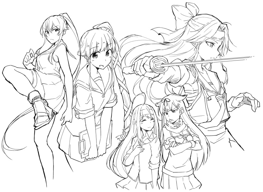 5girls :p ahoge bangs clipboard closed_eyes closed_mouth crossed_arms detached_sleeves eyebrows_visible_through_hair greyscale hair_between_eyes hair_flaps hair_ribbon hatsushimo_(kancolle) headband highres holding holding_clipboard holding_sword holding_weapon jintsuu_(kancolle) kantai_collection leg_up long_hair monochrome multiple_girls open_mouth pleated_skirt ponytail remodel_(kantai_collection) ribbon rindou_(rindou_annon) sailor_collar scarf school_uniform serafuku short_sleeves side_ponytail sidelocks simple_background skirt sleeveless smile sword tongue tongue_out weapon yahagi_(kancolle) yura_(kancolle) yuudachi_(kancolle)