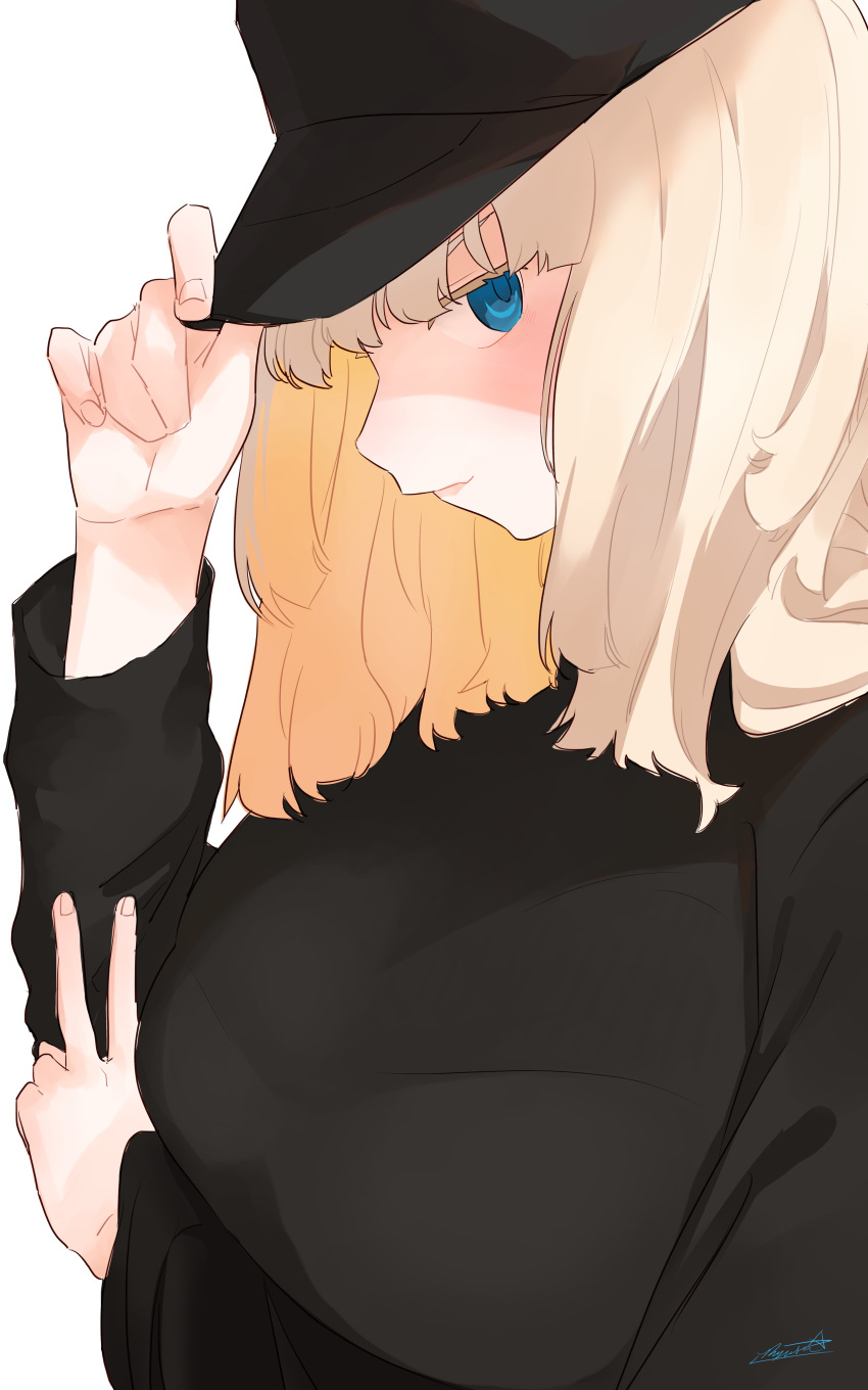 1girl absurdres black_headwear black_shirt blonde_hair blue_eyes bra_through_clothes breasts closed_mouth fingernails from_side hand_on_headwear hat highres large_breasts long_sleeves looking_at_viewer looking_to_the_side medium_hair original ryusei_hashida shirt sideways_glance simple_background solo upper_body white_background