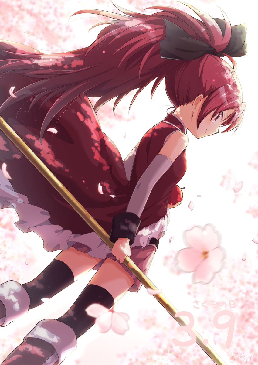 1girl absurdres boots bow detached_sleeves hair_bow highres long_hair magical_girl mahou_shoujo_madoka_magica polearm ponytail red_eyes redhead rilafm345 sakura_kyouko smile solo spear weapon