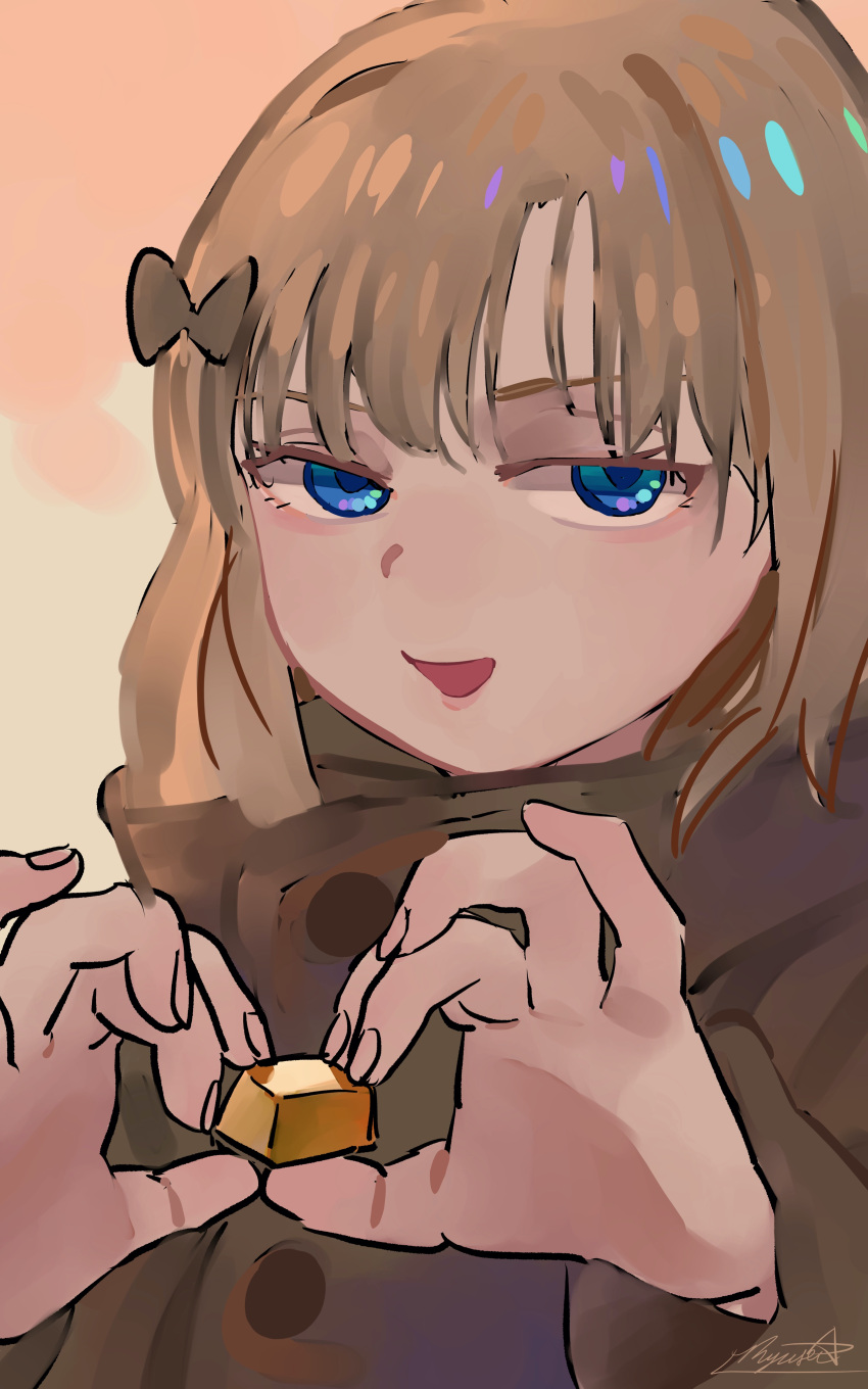 1girl :d absurdres blonde_hair blue_eyes bow brown_coat coat fingernails grey_bow heart heart_hands highres holding looking_at_viewer medium_hair open_mouth original ryusei_hashida signature smile solo upper_body