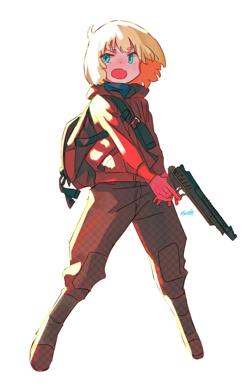 1girl absurdres backpack bag blonde_hair blue_eyes boots brown_pants gloves gun halftone handgun highres holding holding_gun holding_weapon hood hoodie jacket medium_hair open_mouth original pants pistol red_gloves red_hoodie red_jacket ryusei_hashida simple_background solo trigger_discipline two-handed weapon white_background
