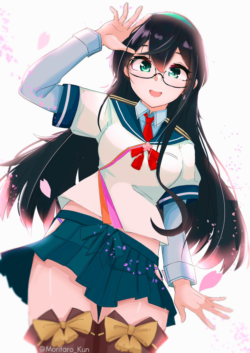 1girl black_hair blue_sailor_collar blue_skirt bow breasts cherry_blossoms cowboy_shot dress_shirt epaulettes eyebrows_visible_through_hair glasses green_eyes hair_between_eyes hairband highres hip_vent kantai_collection lace-trimmed_legwear lace_trim long_hair long_sleeves looking_at_viewer mori_tarou necktie ooyodo_(kancolle) open_mouth red_neckwear sailor_collar school_uniform serafuku shirt skirt smile solo thigh-highs white_background