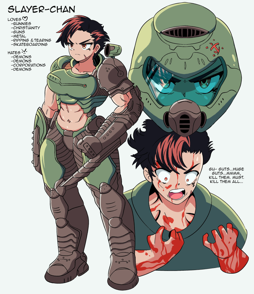 1girl abs absurdres armor black_hair blood blood_on_face bloody_face bloody_hands breasts cosplay doom_(series) doomguy doomguy_(cosplay) english_text helmet highres holding holding_weapon knife mango_away midriff multicolored_hair muscular muscular_female power_armor scar scar_on_face short_hair tsurime two-tone_hair very_short_hair weapon yellow_eyes