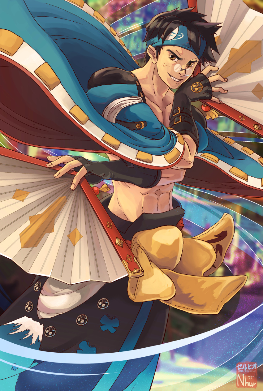 1boy abs absurdres bare_pecs belt_buckle black_clothes blue_headwear brown_eyes buckle collarbone fan fingerless_gloves folding_fan glasses gloves guilty_gear guilty_gear_strive highres japanese_clothes male_focus mito_anji muscular muscular_male sergio_nhur short_hair smile solo_focus