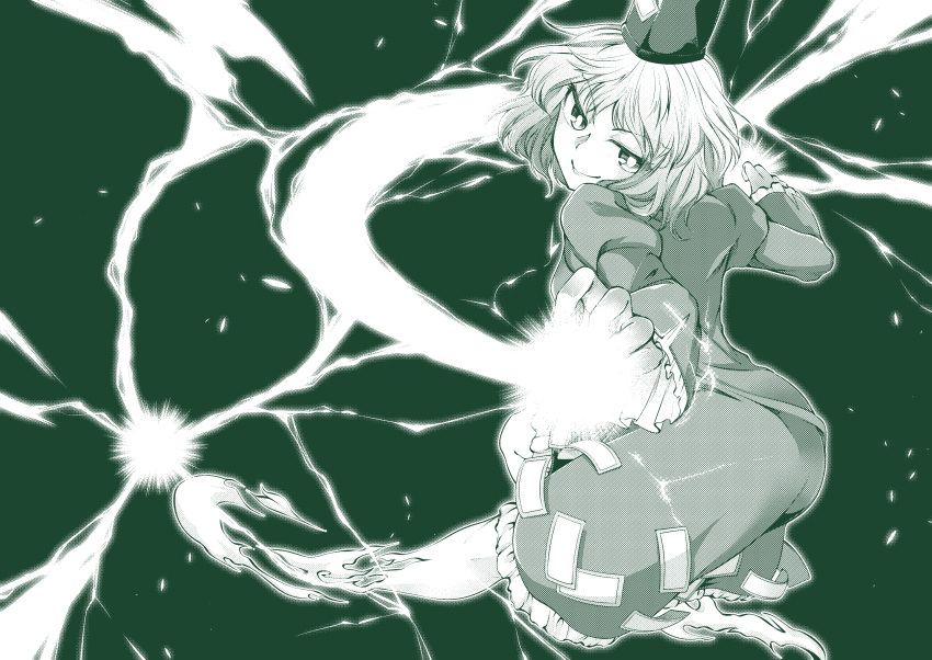 0-den 1girl absurdres ass back dress eyebrows_visible_through_hair ghost_tail green_background green_theme hat highres lips looking_at_viewer looking_back medium_hair monochrome ofuda ofuda_on_clothes smug soga_no_tojiko solo tate_eboshi touhou