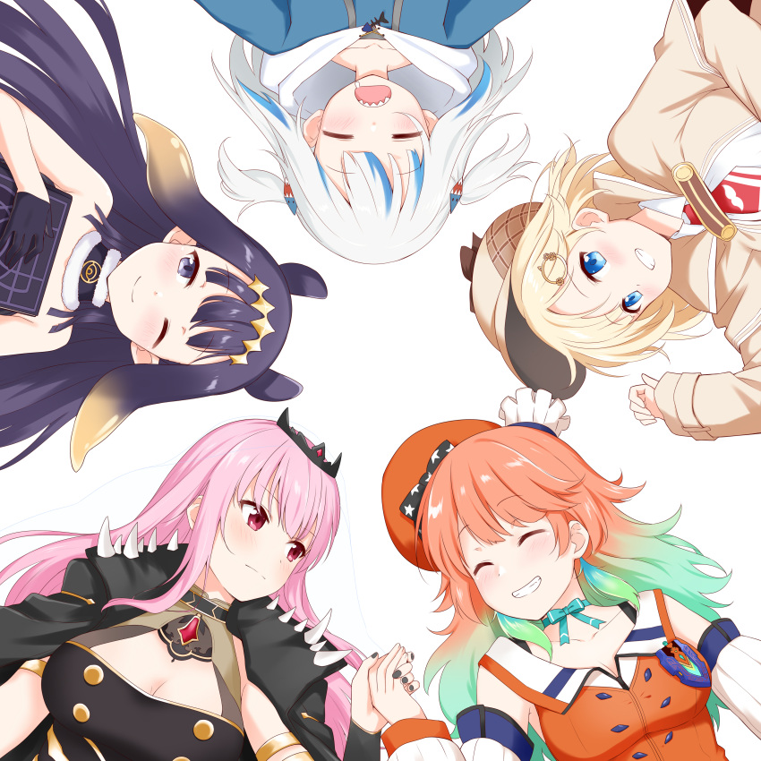 5girls ^_^ absurdres ao-chan_(ninomae_ina'nis) bangs bare_shoulders black_hair blonde_hair blue_hair book capelet chef_hat closed_eyes deerstalker eyebrows_visible_through_hair felutiahime floating_hair fur_choker gawr_gura gradient_hair green_hair hair_ornament hat highres holding holding_book holding_hands hololive hololive_english holomyth long_hair looking_at_another looking_at_viewer looking_to_the_side lying medium_hair mini_necktie monocle_hair_ornament mori_calliope multicolored_hair multiple_girls ninomae_ina'nis one_eye_closed open_mouth orange_hair orange_headwear pink_hair red_eyes red_headwear silver_hair smile streaked_hair takanashi_kiara tiara two_side_up violet_eyes virtual_youtuber watson_amelia