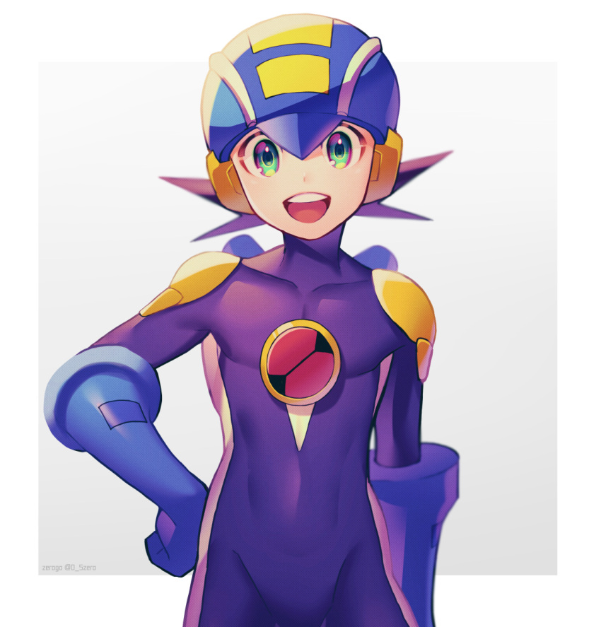 1boy :d artist_name blue_headwear bodysuit border brown_hair commentary_request covered_collarbone cowboy_shot dated gradient gradient_background green_eyes grey_background hand_on_hip happy helmet highres male_focus netnavi open_mouth outside_border purple_bodysuit rockman rockman_exe rockman_exe_(character) short_hair simple_background smile solo standing twitter_username upper_teeth white_background white_border zero-go