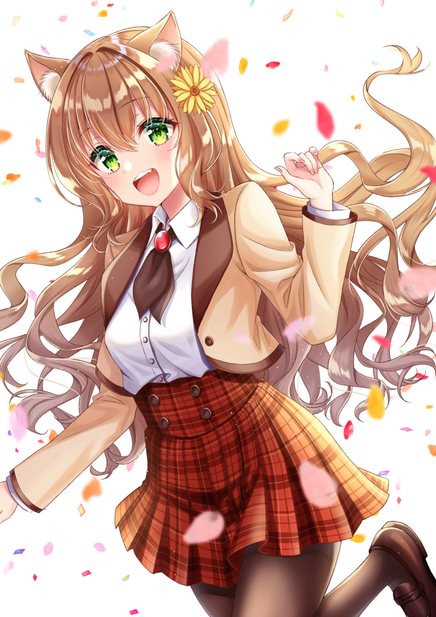 1girl :d animal_ear_fluff animal_ears arm_up black_legwear blush brooch brown_footwear brown_hair brown_jacket cat_ears collared_shirt commission cowboy_shot cravat dress_shirt evil_smile fang flower green_eyes hair_flower hair_intakes hair_ornament high-waist_skirt highres hiiragi_kei jacket jewelry knee_up leg_up loafers long_hair long_sleeves looking_at_viewer miniskirt nail_polish open_mouth original pantyhose plaid plaid_skirt pleated_skirt red_skirt running shirt shoes skeb_commission skirt smile solo upper_teeth w_arms wavy_hair white_background