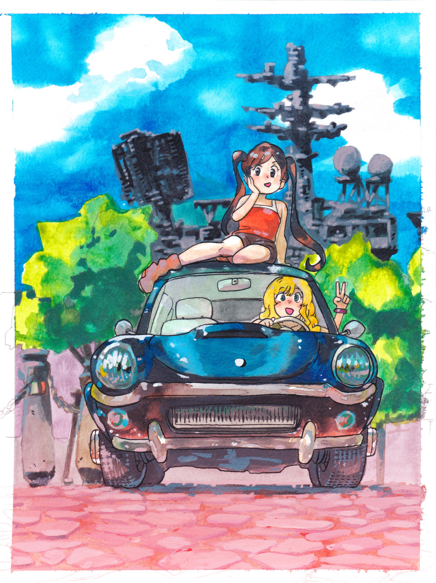 2girls :d absurdres acrylic_paint_(medium) blonde_hair blue_eyes blue_sky boots border brown_footwear brown_hair brown_shorts car commentary day driving english_commentary g-pen_(medium) green_eyes ground_vehicle hand_up highres looking_at_viewer motor_vehicle multiple_girls on_vehicle open_mouth original outdoors red_shirt ryusei_hashida shirt short_shorts shorts sky smile traditional_media v white_border