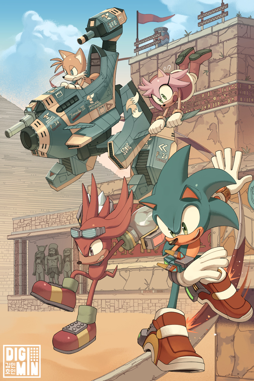 1girl 3boys absurdres amy_rose blue_eyes bracelet digimin goggles goggles_on_head green_eyes highres huge_filesize jewelry knuckles_the_echidna mecha midair multiple_boys pyramid sharp_teeth shoes smile sneakers sonic_(series) sonic_adventure_2 sonic_the_hedgehog spiked_knuckles statue tail tails_(sonic) teeth violet_eyes