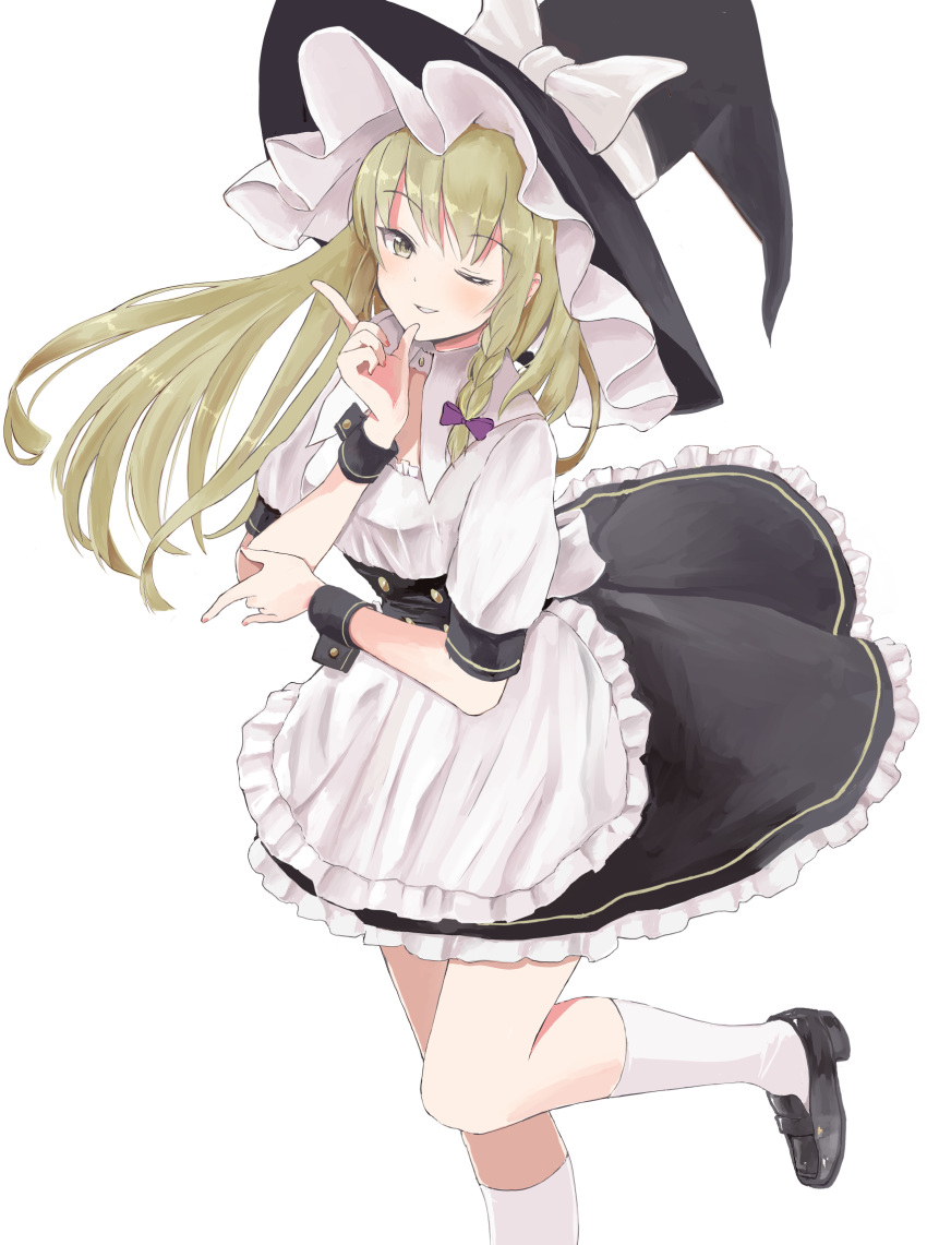 1girl apron bangs black_dress black_footwear black_headwear blonde_hair blush bow braid commentary_request dress eyebrows_visible_through_hair foot_out_of_frame hair_bow hair_ribbon hat hat_bow highres index_finger_raised kirisame_marisa kneehighs long_hair looking_at_viewer one_eye_closed parted_lips petticoat purple_bow ribbon shirt side_braid simple_background single_braid smile solo standing standing_on_one_leg touhou tress_ribbon waist_apron white_apron white_background white_bow white_legwear white_shirt witch_hat wrist_cuffs yamabukiiro_(browncat) yellow_eyes