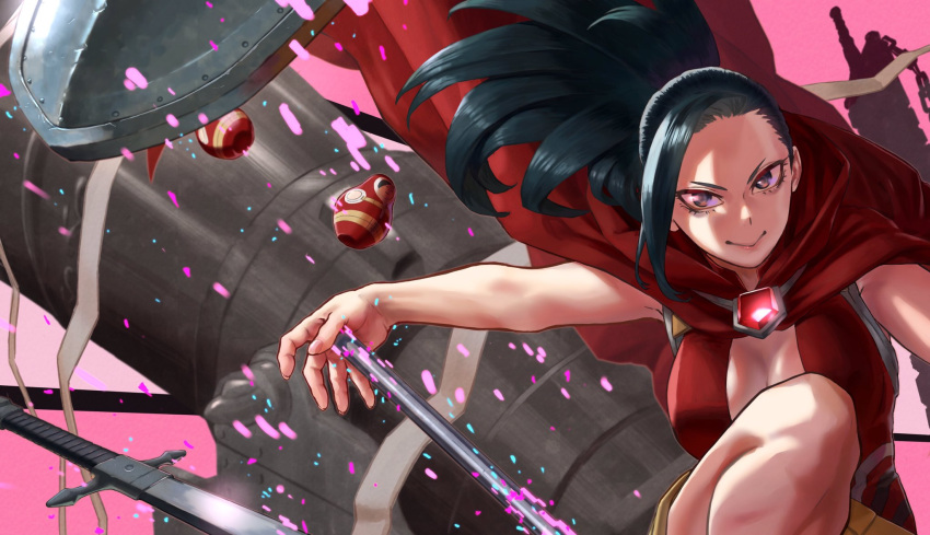 1girl black_eyes black_hair bodysuit boku_no_hero_academia breasts cape center_opening commentary_request hair_pulled_back highres large_breasts long_hair matryoshka_doll pink_background ponytail red_cape shield sleeveless smile solo sword weapon yaoyorozu_momo yomoyama_yotabanashi