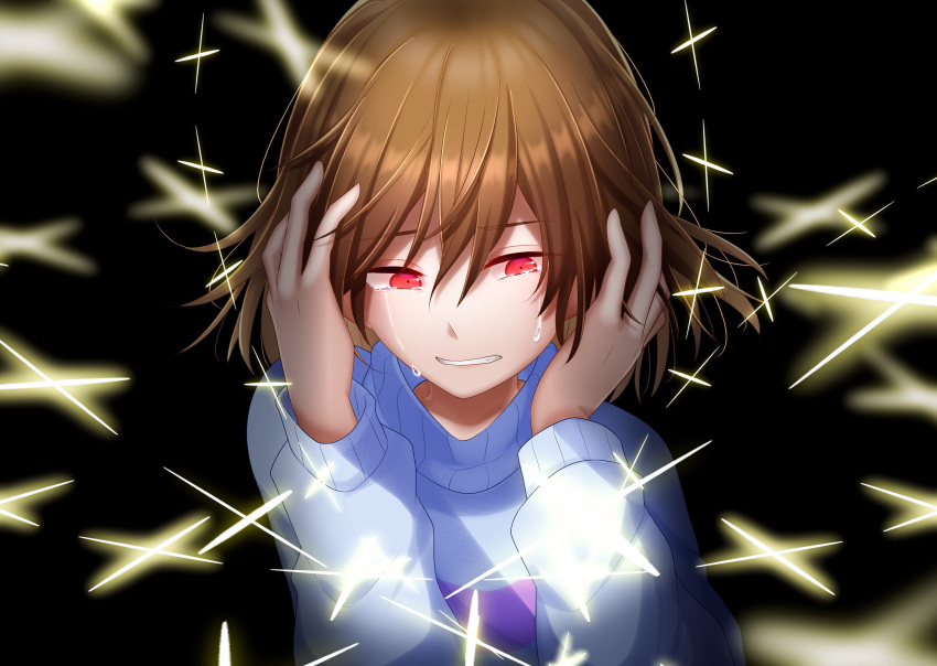 1other black_background blue_sweater brown_hair clenched_teeth crying crying_with_eyes_open english_commentary eyebrows_visible_through_hair eyelashes frisk_(undertale) hands_on_own_head highres long_sleeves red_eyes shiny shiny_hair short_hair solo sweater tears teeth undertale yuupontan.