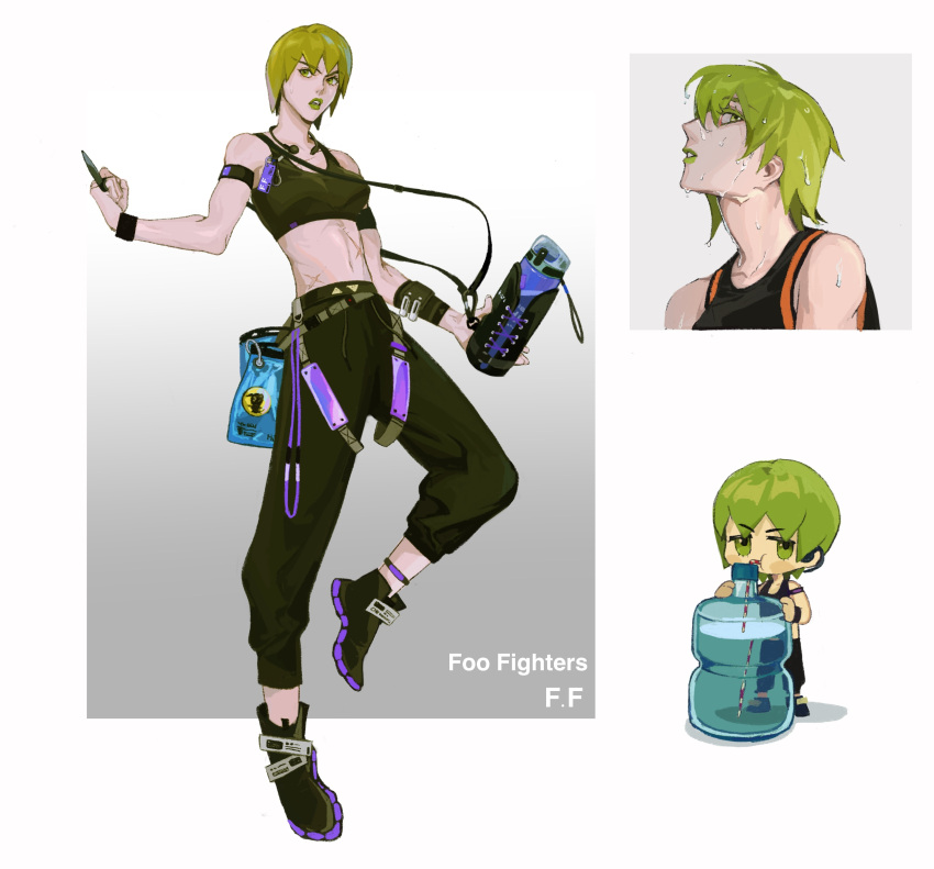 1girl absurdres alternate_costume anklet armband baggy_pants belt_pouch blush bottle buckle carabiner character_name chibi chinese_commentary commentary_request cross_scar drawstring drinking drinking_straw earphones earphones_removed eyebrows_visible_through_hair foo_fighters full_body green_eyes green_footwear green_hair green_lips green_pants highres holding holding_bottle id_card jewelry jojo_no_kimyou_na_bouken lanyard leg_up looking_to_the_side midriff multiple_sources multiple_views navel pants portrait pouch refraction scar shadow short_hair sideways_glance sleeveless snap-fit_buckle sports_bra standing stomach stone_ocean strap sweat toned water water_bottle wet wet_hair wireless_earphones wristband xubeichaoyansuan