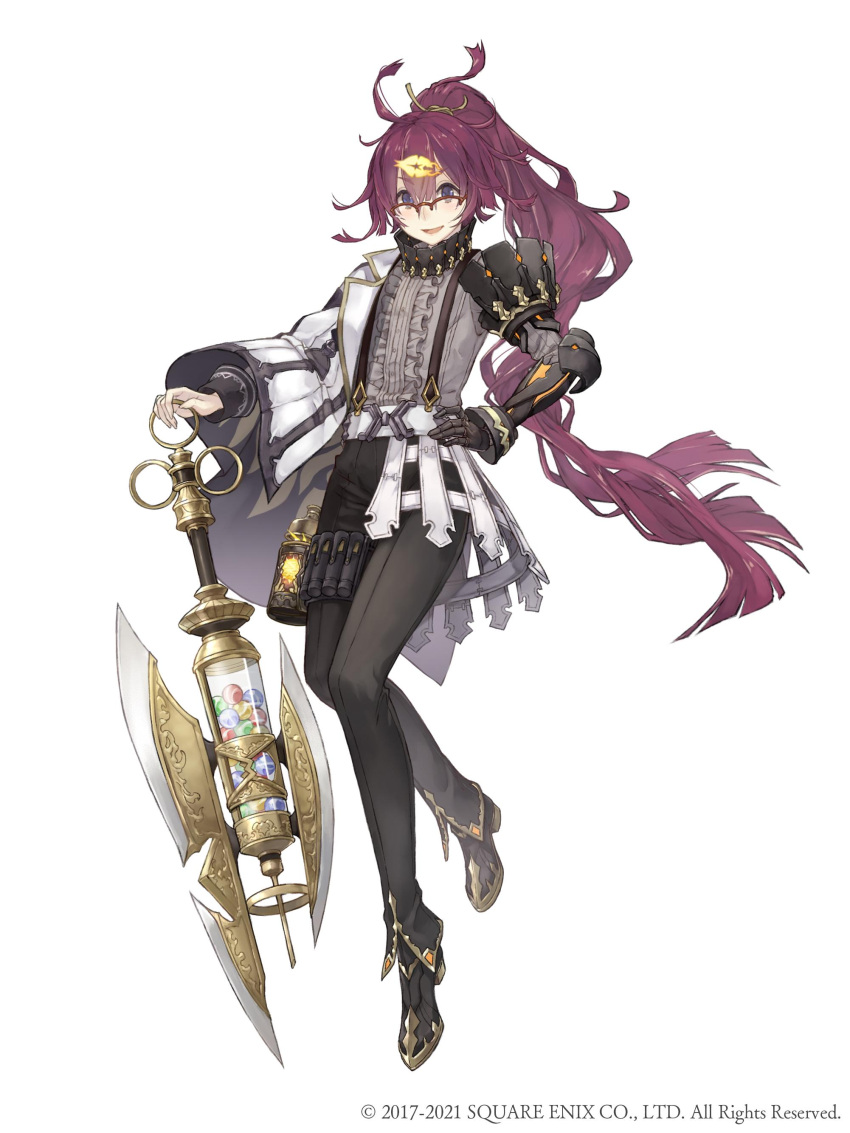 1girl :d absurdres asymmetrical_sleeves blue_eyes canister crossdressing dorothy_(sinoalice) eyebrows_visible_through_hair full_body gauntlets glasses gold_trim hair_ornament hairclip hand_on_hip highres ji_no long_hair looking_at_viewer messy_hair official_art open_mouth over-rim_eyewear pants ponytail purple_hair reverse_trap semi-rimless_eyewear single_gauntlet sinoalice smile solo square_enix syringe thigh_strap very_long_hair weapon white_background