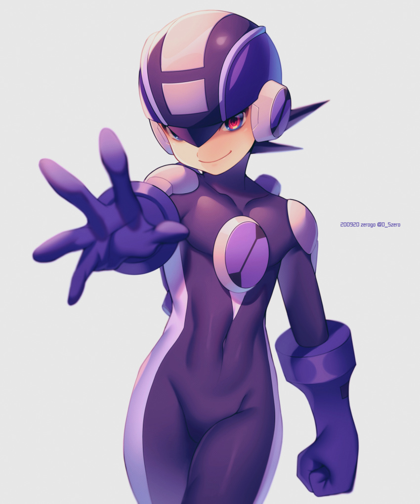 1boy arm_at_side artist_name blurry bodysuit clenched_hand closed_mouth commentary_request covered_collarbone covered_navel cowboy_shot dark_persona dated depth_of_field grey_background helmet highres male_focus netnavi outstretched_hand purple_bodysuit purple_headwear red_eyes rockman rockman_exe rockman_exe_(character) short_hair simple_background smile solo standing twitter_username zero-go