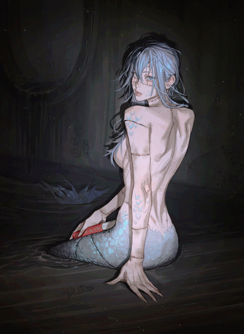 1girl absurdres back book breasts completely_nude from_behind genderswap genderswap_(mtf) hair_between_eyes highres holding holding_book jujutsu_kaisen lips looking_at_viewer looking_back mahito_(jujutsu_kaisen) mermaid monster_girl monsterification nude parted_lips partially_submerged scales solo stitches water wengwengchim