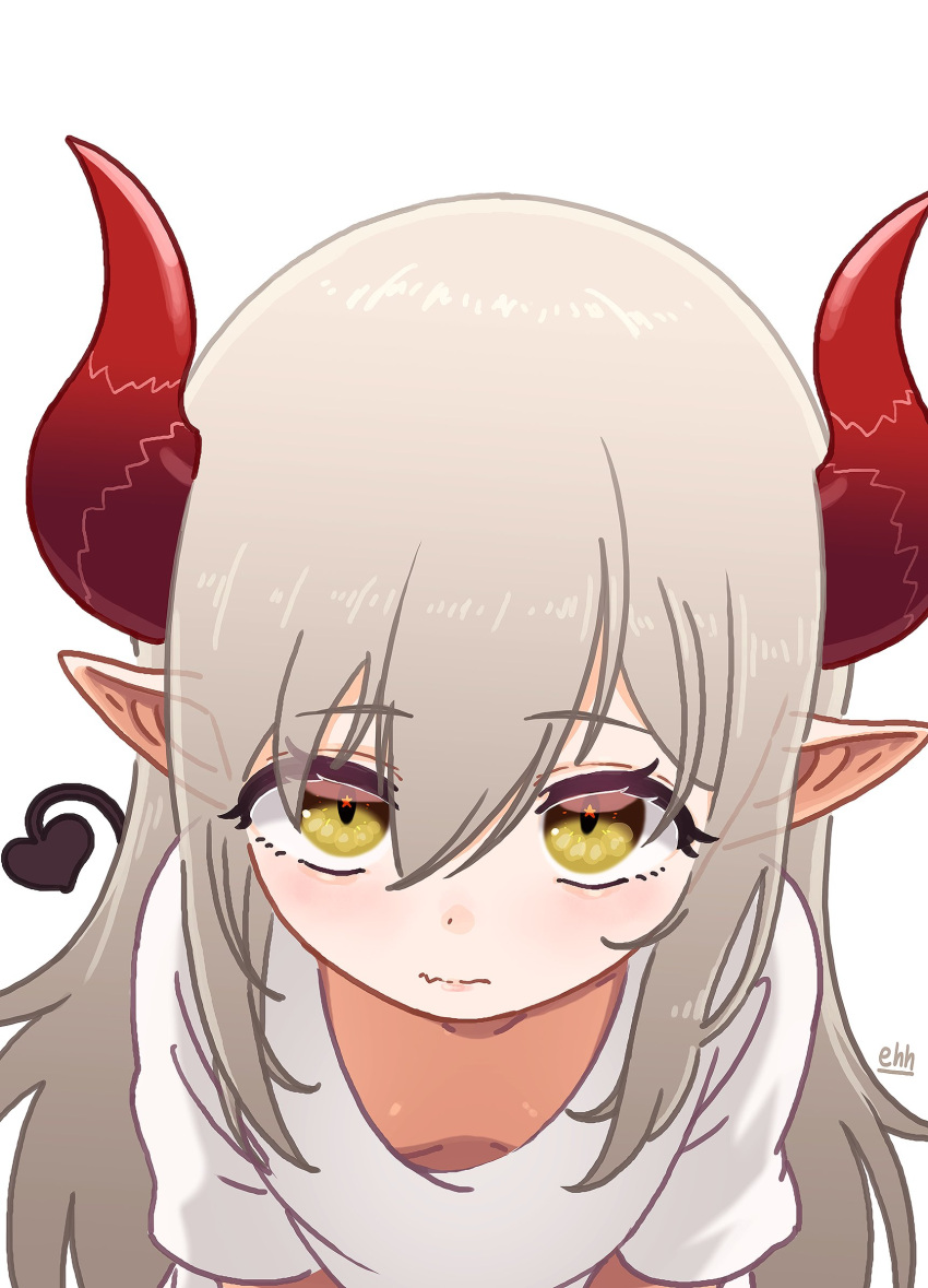 1girl blush curled_horns demon_girl demon_horns demon_tail downblouse emma_august eyebrows_visible_through_hair eyeharmheart from_above grey_hair hair_between_eyes highres horns long_hair looking_at_viewer nijisanji pointy_ears red_horns shirt signature simple_background solo star-shaped_pupils star_(symbol) symbol-shaped_pupils t-shirt tail virtual_youtuber white_background white_shirt yellow_eyes