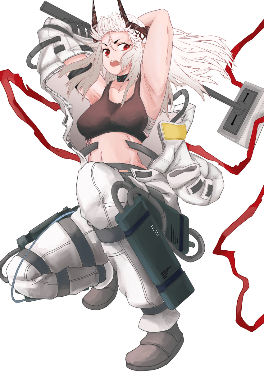 1girl absurdres arknights armband armpits arms_up bare_shoulders breasts commentary crop_top floating_hair grey_footwear hammer highres horns long_hair medium_breasts midriff mudrock_(arknights) navel open_mouth pants red_eyes revision sarashi shoes silver_hair simple_background solo sports_bra stomach tetsunana weapon white_background white_pants