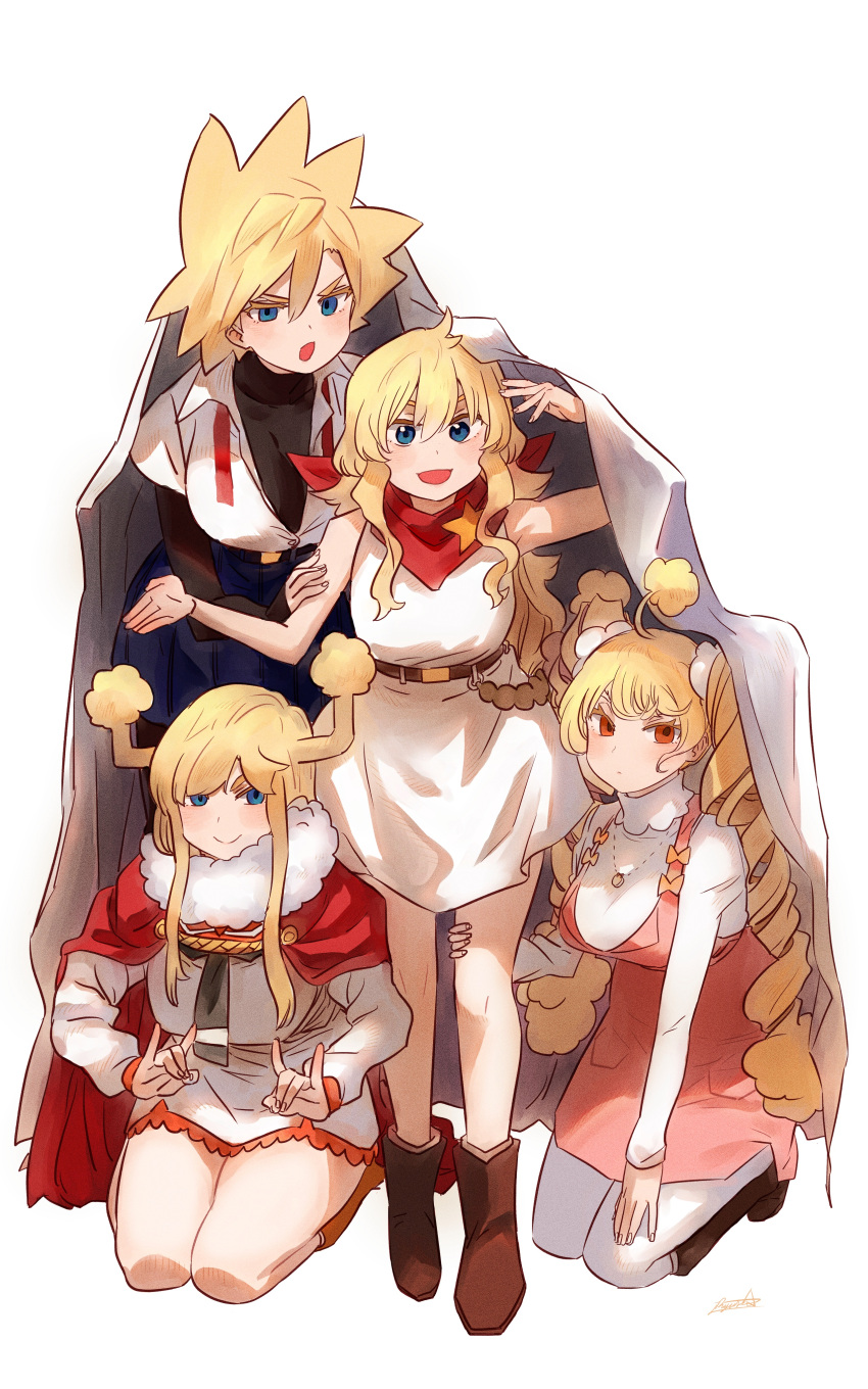 4girls :d absurdres ahoge anna_(ryusei_hashida) bandana belt black_neckwear black_shirt blanket blonde_hair blue_eyes boots breasts brown_belt brown_footwear cape closed_mouth double_fox_shadow_puppet dress drill_hair fox_shadow_puppet hair_horns highres jewelry kneeling large_breasts long_hair long_sleeves looking_at_viewer mofu_mofuko_(ryusei_hashida) multiple_girls necklace necktie open_mouth original pink_dress red_cape red_eyes ryusei_hashida shirt short_hair simple_background smile twin_drills white_background white_dress