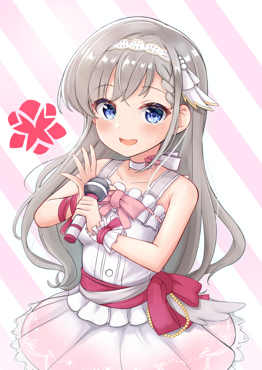 1girl :d bangs bare_shoulders blue_eyes blush braid braided_bangs breasts choker collarbone commentary_request diagonal_stripes eyebrows_visible_through_hair grey_hair hairband highres hisakawa_hayate holding holding_microphone idolmaster idolmaster_cinderella_girls idolmaster_cinderella_girls_starlight_stage long_hair looking_at_viewer medium_breasts microphone mitsumine_raimu open_mouth pink_skirt pleated_skirt ribbon_trim single_wrist_cuff skirt smile solo striped striped_background very_long_hair white_choker white_hairband wrist_cuffs
