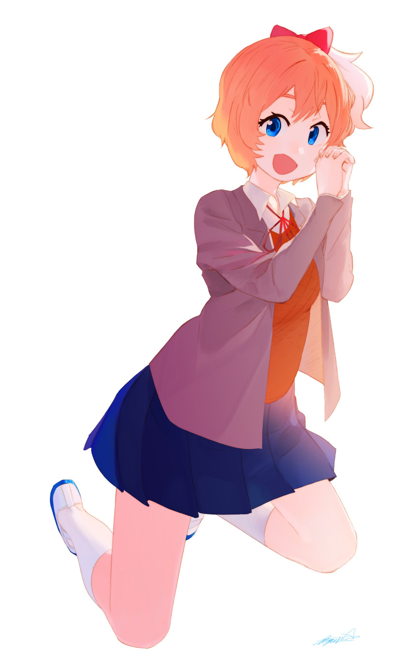 1girl :d absurdres blue_eyes blue_skirt bow collared_shirt doki_doki_literature_club fingernails full_body grey_jacket hair_bow hands_clasped highres interlocked_fingers jacket kneeling long_sleeves looking_at_viewer miniskirt neck_ribbon one_side_up open_clothes open_jacket open_mouth orange_hair own_hands_together pleated_skirt red_bow red_neckwear red_ribbon red_vest ribbon ryusei_hashida sayori_(doki_doki_literature_club) school_uniform shirt shoes short_hair simple_background skirt smile socks solo vest white_background white_footwear white_legwear white_shirt wing_collar
