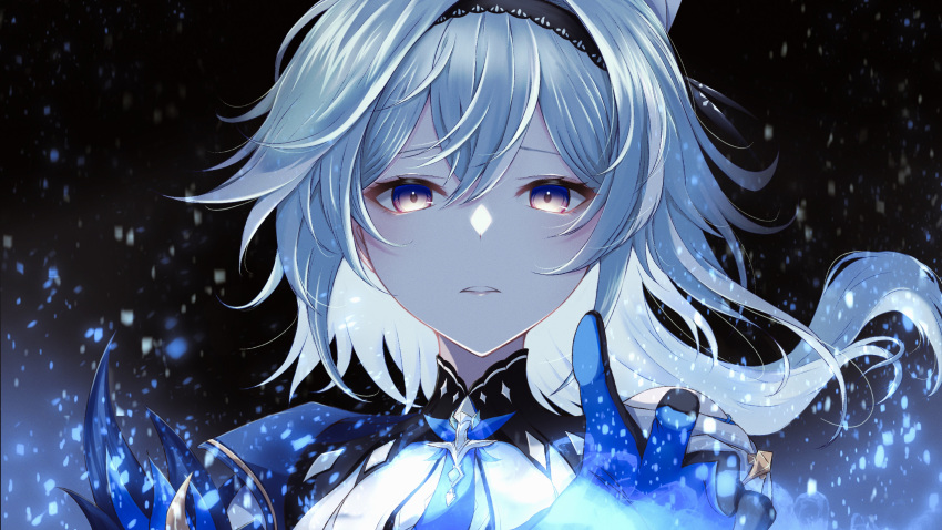 1girl bangs black_background black_hairband blue_gloves blue_necktie eula_(genshin_impact) floating_hair genshin_impact gloves hair_between_eyes hairband highres long_hair looking_at_viewer necktie nisikm parted_lips portrait shiny shiny_hair silver_hair solo violet_eyes