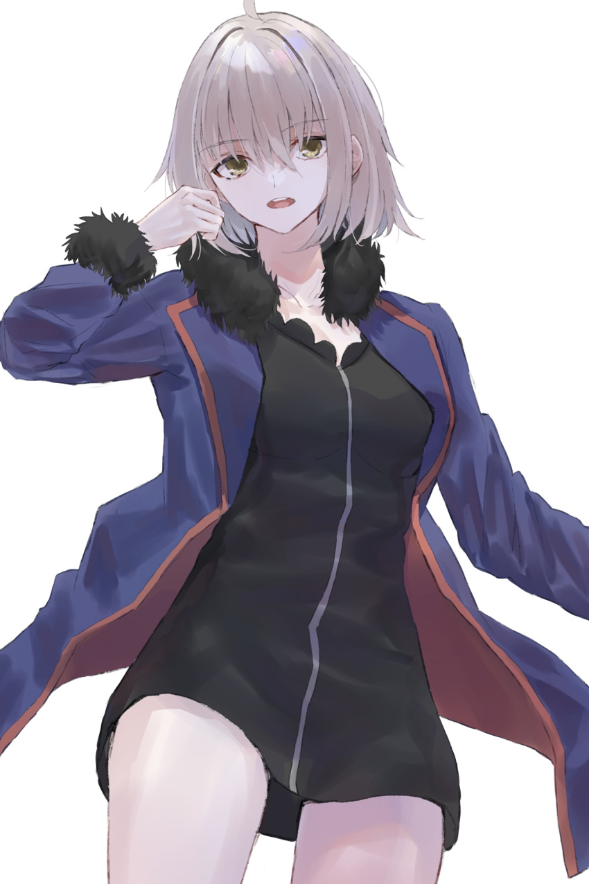 1girl ahoge bangs black_dress blue_jacket collarbone dress eyebrows_visible_through_hair fate/grand_order fate_(series) fur-trimmed_jacket fur_trim hair_between_eyes hand_in_hair highres jacket jeanne_d'arc_(alter)_(fate) jeanne_d'arc_(fate)_(all) kei201107 looking_at_viewer open_mouth short_dress silver_hair simple_background solo white_background yellow_eyes