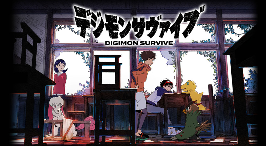 1girl 2boys :o agumon arms_behind_back bird black_eyes black_footwear black_hair black_legwear black_pants black_shirt blue_eyes blue_hair blue_jacket broken_window brown_eyes chair classroom claws collared_shirt creature day desk digimon digimon_(creature) digimon_survive dog facial_mark falcomon feathers fur goggles goggles_on_head green_eyes green_footwear grey_pants grey_shorts hand_on_hip hood hooded_jacket hyuuga_minoru indoors jacket key_visual labramon leggings logo looking_at_another momotsuka_takuma multiple_boys official_art open_mouth orange_jacket pants print_jacket red-framed_eyewear red_eyes red_vest school school_chair school_desk shibuya_aoi shirt shoes shorts sitting smile sneakers spiky_hair standing standing_on_chair sunlight tail teeth tongue ukumo_uichi vest vest_over_shirt white_footwear white_jacket white_shirt zipper_pull_tab