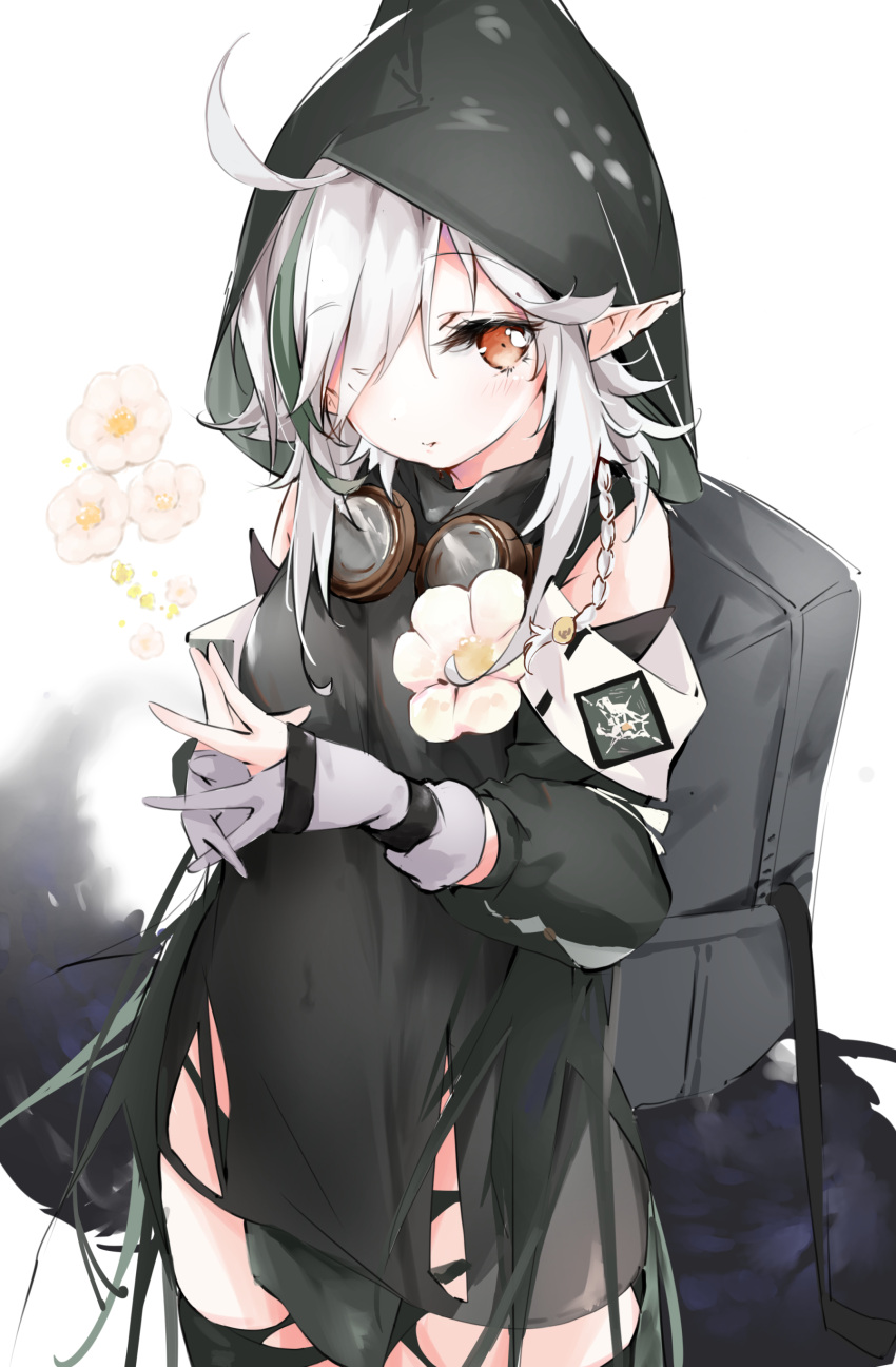 1girl absurdres ahoge arknights backpack bag bare_shoulders black_dress braid dress flower gloves goggles grey_gloves hair_over_one_eye hands_clasped highres hood long_hair looking_at_viewer mugi_no_hikyaku multicolored_hair open_mouth own_hands_together pointy_ears red_eyes single_braid smile solo streaked_hair tail tomimi_(arknights) torn_clothes torn_legwear white_hair