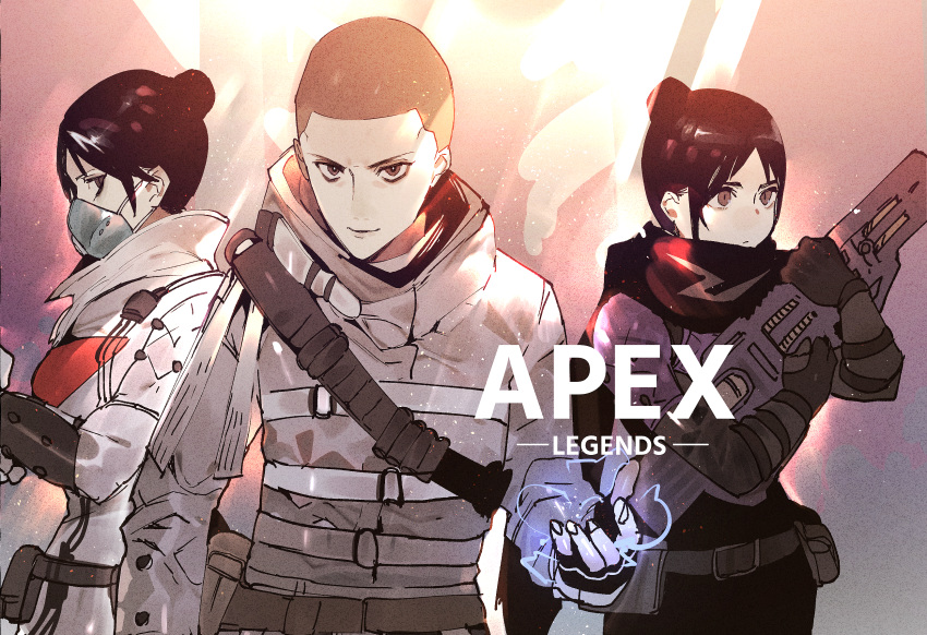 1girl alternate_eye_color apex_legends bald bald_girl black_hair black_scarf breasts brown_eyes copyright_name electricity energy_gun gun hair_behind_ear hair_bun havoc_energy_rifle highres holding holding_gun holding_weapon light_machine_gun looking_ahead looking_at_viewer mayutsuba_mono medium_breasts multiple_views open_hand scarf smile weapon wraith_(apex_legends)