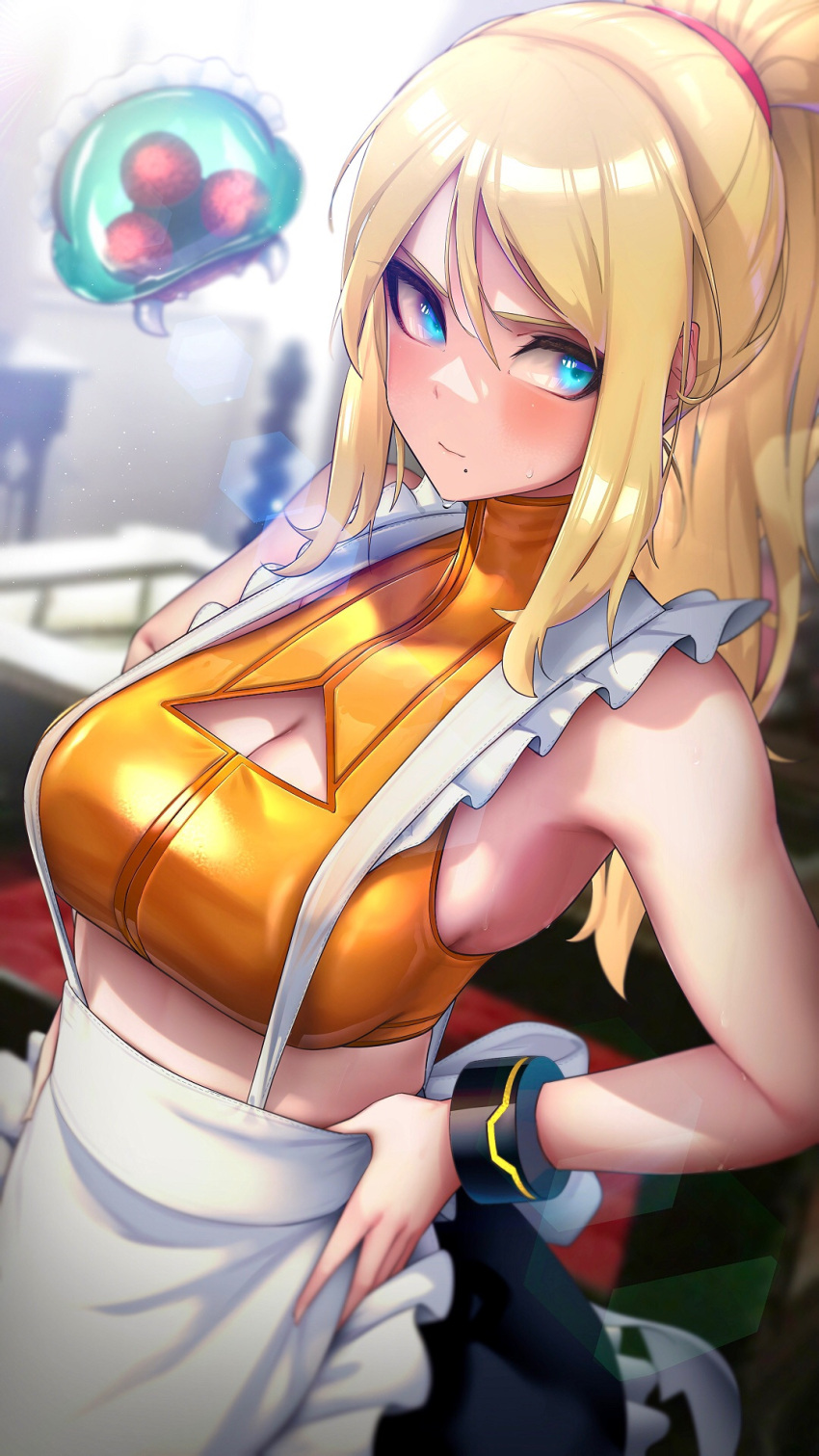 1girl 1other apron bangs blonde_hair blue_eyes blush bracelet breasts cleavage_cutout clothing_cutout crop_top highres jewelry kashu_(hizake) long_hair looking_to_the_side maid_headdress medium_breasts metroid metroid_(creature) mole mole_under_mouth pants ponytail samus_aran sidelocks sweat