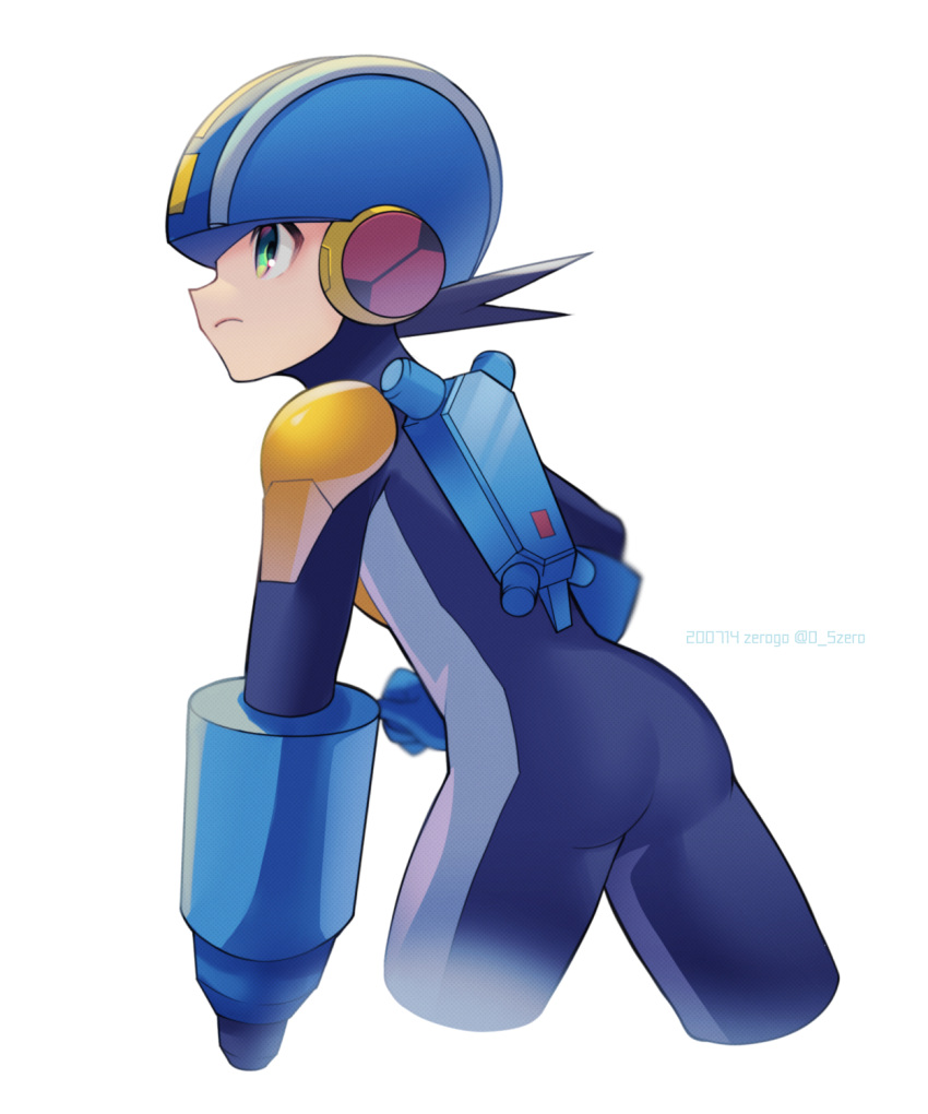 1boy arm_cannon artist_name ass black_hair blue_bodysuit blue_headwear bodysuit clenched_hand closed_mouth commentary_request cropped_legs dated green_eyes helmet highres looking_to_the_side male_focus netnavi rockman rockman_exe rockman_exe_(character) short_hair simple_background solo twitter_username weapon white_background zero-go