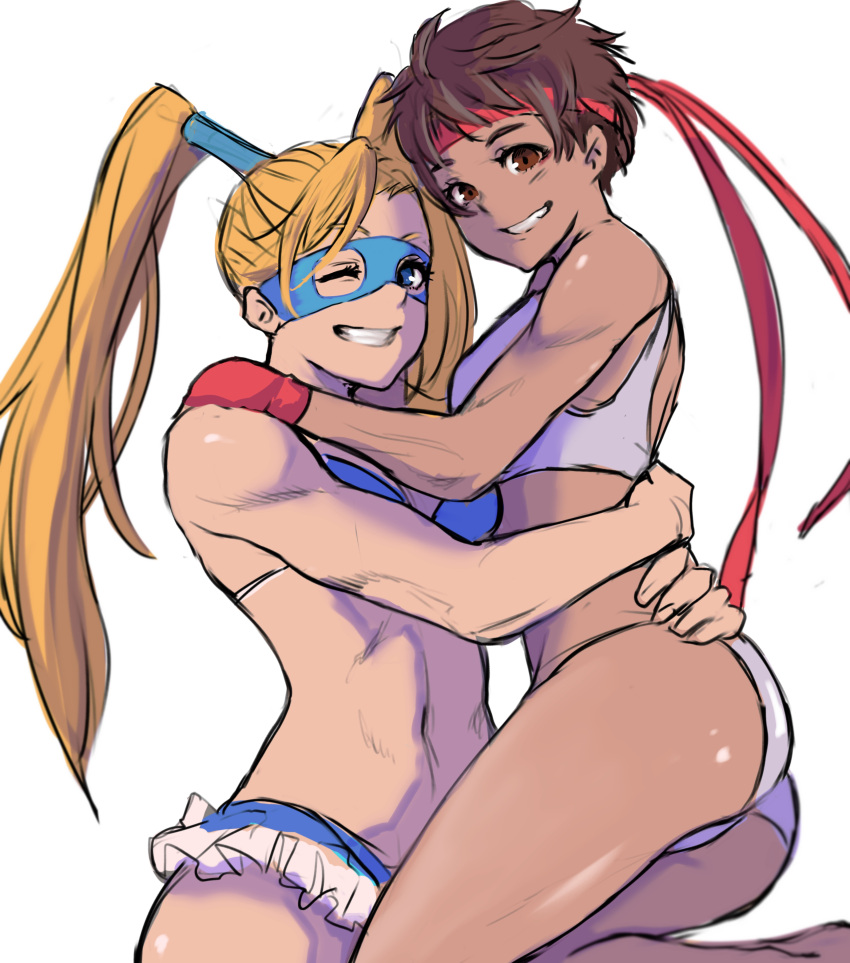 2girls 6maker ;d absurdres ass bikini blonde_hair blue_bikini blue_eyes breasts brown_eyes brown_hair dark_skin dark-skinned_female frilled_bikini frills gloves grin hair_tubes headband highres hug kasugano_sakura lifting_person long_hair looking_at_viewer medium_breasts multiple_girls muscular muscular_female navel one_eye_closed open_mouth rainbow_mika red_gloves red_headband smile street_fighter swimsuit tan tankini thick_thighs thighs toned twintails waist_hug white_background white_swimsuit wrestling_mask