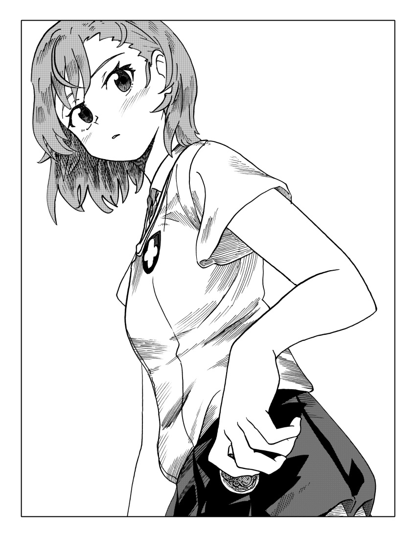 1girl absurdres blush border coin from_side greyscale highres holding holding_coin looking_at_viewer looking_to_the_side medium_hair misaka_mikoto monochrome parted_lips ryusei_hashida shirt short_sleeves simple_background solo toaru_majutsu_no_index vest white_background wing_collar