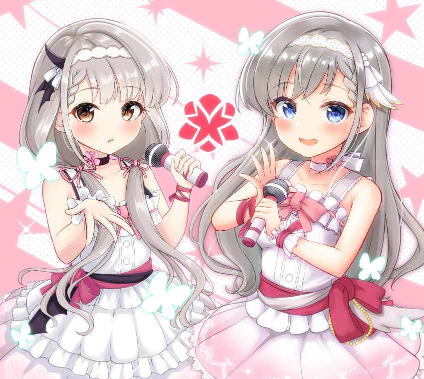 2girls :d bangs bare_shoulders blue_eyes blush braid braided_bangs breasts brown_eyes choker collarbone commentary_request dress eyebrows_visible_through_hair frilled_dress frills grey_hair hair_over_shoulder hair_ribbon hairband hands_up highres hisakawa_hayate hisakawa_nagi holding holding_microphone idolmaster idolmaster_cinderella_girls idolmaster_cinderella_girls_starlight_stage long_hair looking_at_viewer low_twintails medium_breasts microphone mitsumine_raimu multiple_girls open_mouth parted_lips pink_ribbon pink_skirt pleated_dress pleated_skirt ribbon ribbon_trim siblings single_wrist_cuff sisters skirt sleeveless sleeveless_dress smile twins twintails very_long_hair white_choker white_dress white_hairband wrist_cuffs