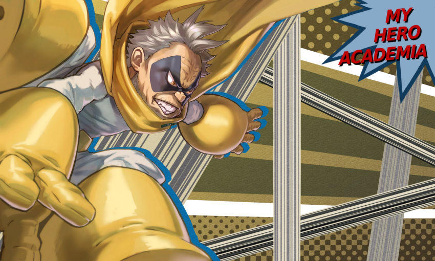 1boy beard belt boku_no_hero_academia boots cape clenched_teeth commentary_request copyright_name facial_hair gloves gran_torino grey_hair highres male_focus mask old old_man solo teeth yellow_cape yellow_eyes yellow_footwear yellow_gloves yomoyama_yotabanashi