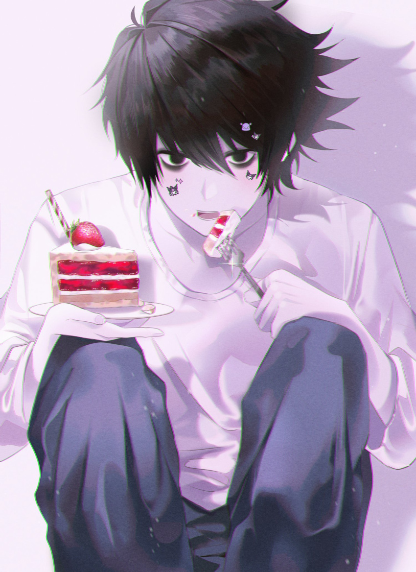 1boy bags_under_eyes bangs black_eyes black_hair black_pants cake cake_slice chromatic_aberration collarbone death_note drop_shadow eating feet_out_of_frame food fork fruit glint hair_between_eyes hair_ornament highres holding holding_fork holding_plate isobe47 l_(death_note) long_sleeves looking_at_viewer male_focus open_mouth pants plate shirt short_hair solo squatting strawberry strawberry_cake swept_bangs white_shirt