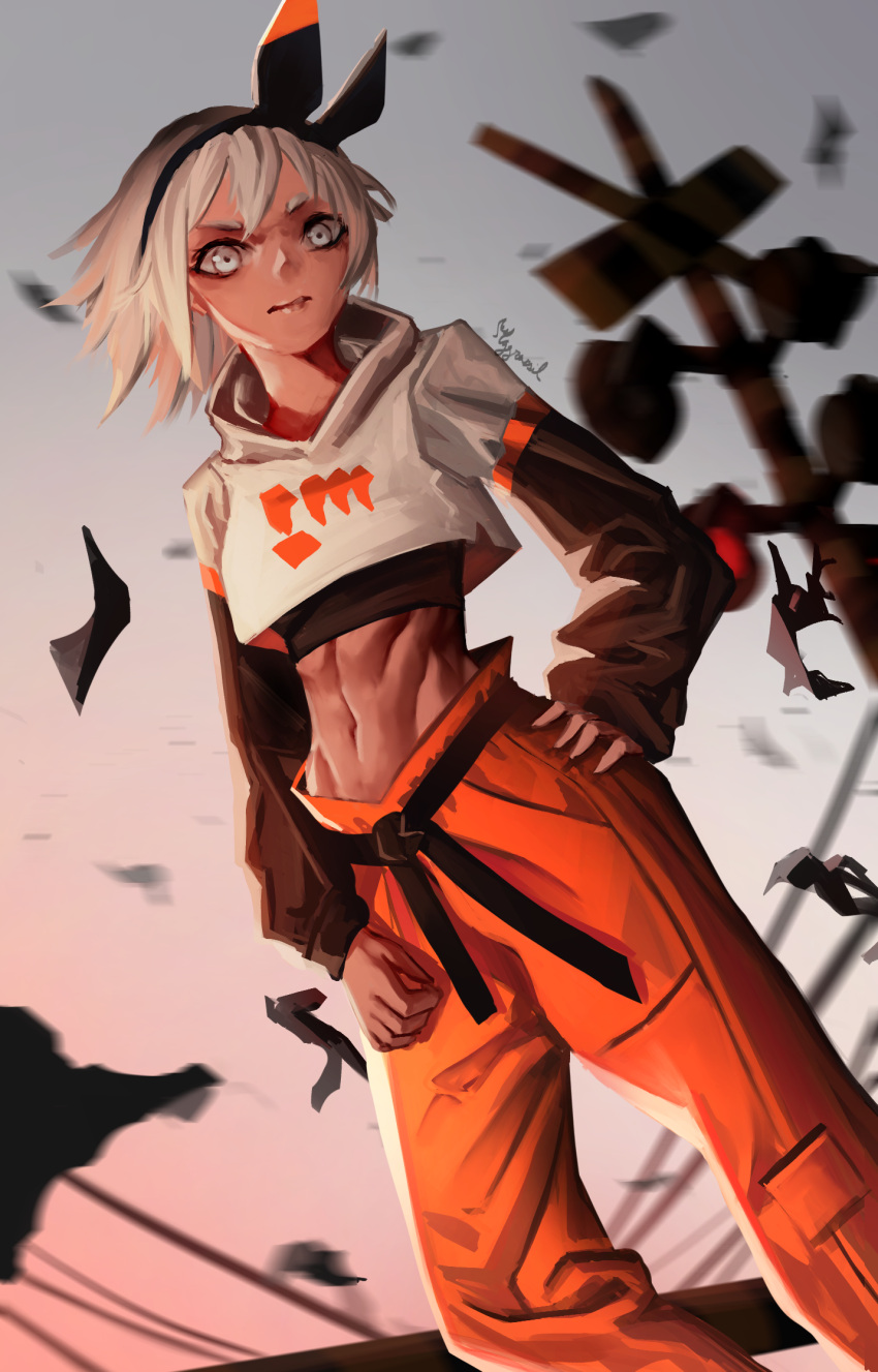 1girl adapted_costume alternate_costume annoyed arm_at_side bea_(pokemon) belt black_hairband bow_hairband crop_top cropped_hoodie dougi dutch_angle feet_out_of_frame floating_hair grey_eyes grey_hair gym_leader hairband hand_on_hip highres hood hood_down hoodie karate_gi long_sleeves looking_at_viewer making-of_available medium_hair midriff motion_blur navel orange_pants outdoors pants parted_lips pokemon pokemon_(game) pokemon_swsh signature sleeves_past_wrists solo standing stomach tan toned twilight v-shaped_eyebrows wind yggrassil