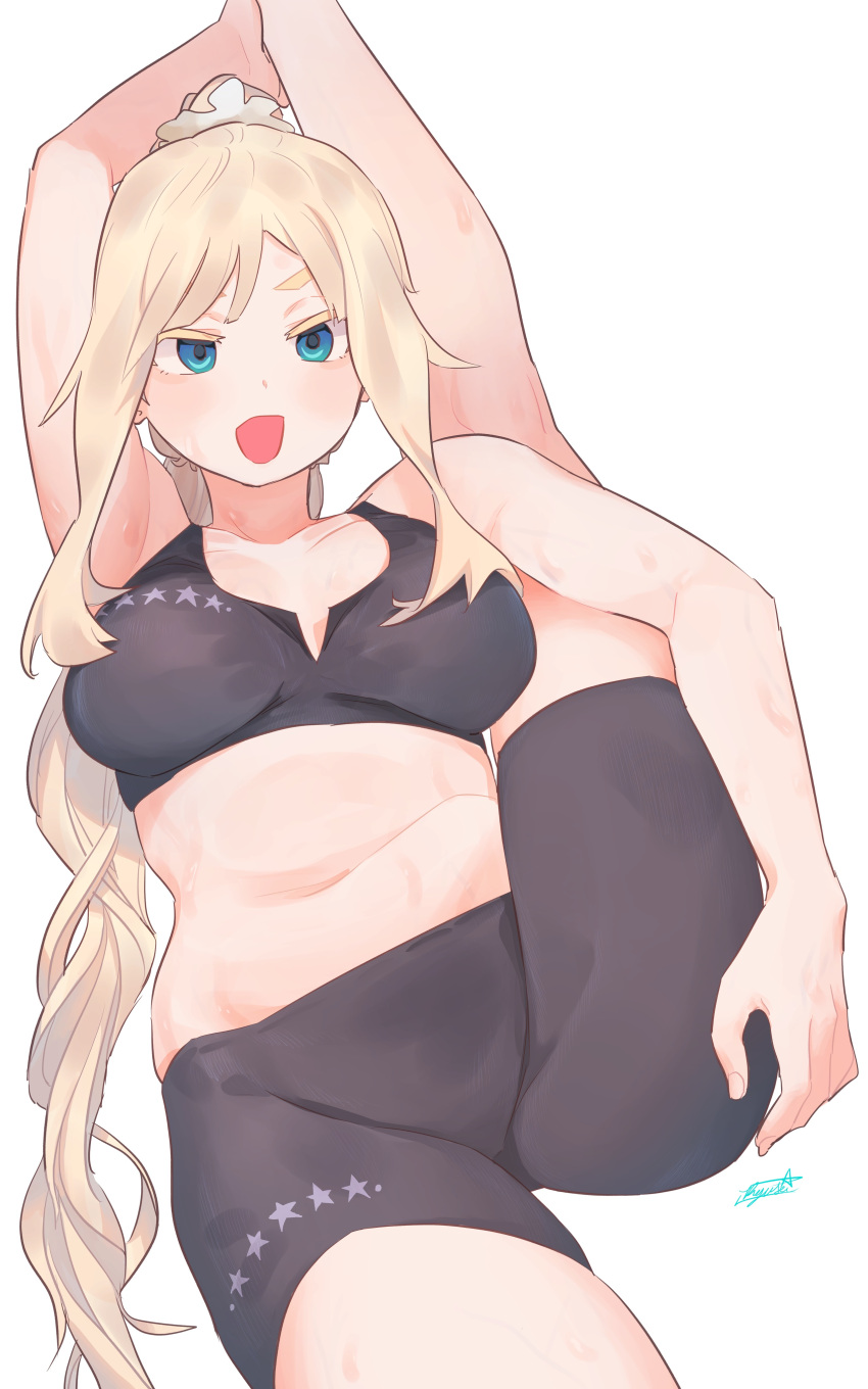 1girl :d absurdres arm_above_head bike_shorts blonde_hair blue_eyes breasts fingernails foot_up hair_ornament hair_scrunchie highres large_breasts long_hair looking_at_viewer open_mouth original ponytail ryusei_hashida scrunchie sidelocks signature simple_background smile solo split sports_bra standing standing_on_one_leg standing_split very_long_hair white_background