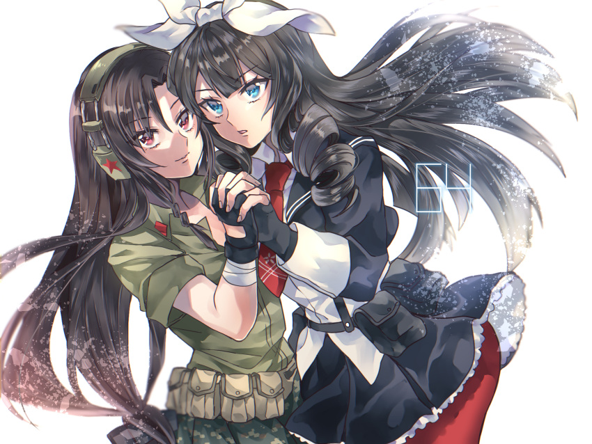 2girls belt_pouch black_gloves black_hair blue_eyes bow brown_hair camouflage camouflage_skirt commentary_request drill_hair drill_locks ear_protection face-to-face fingerless_gloves girls_frontline gloves hair_bow hair_ribbon highres holding_hands howa_type_64_(girls_frontline) interlocked_fingers kei_(nvew8238) long_hair long_sleeves multiple_girls necktie open_collar pantyhose pouch red_eyes red_legwear red_neckwear ribbon short_sleeves skirt sleeves_rolled_up type_64_(girls_frontline) white_background white_ribbon