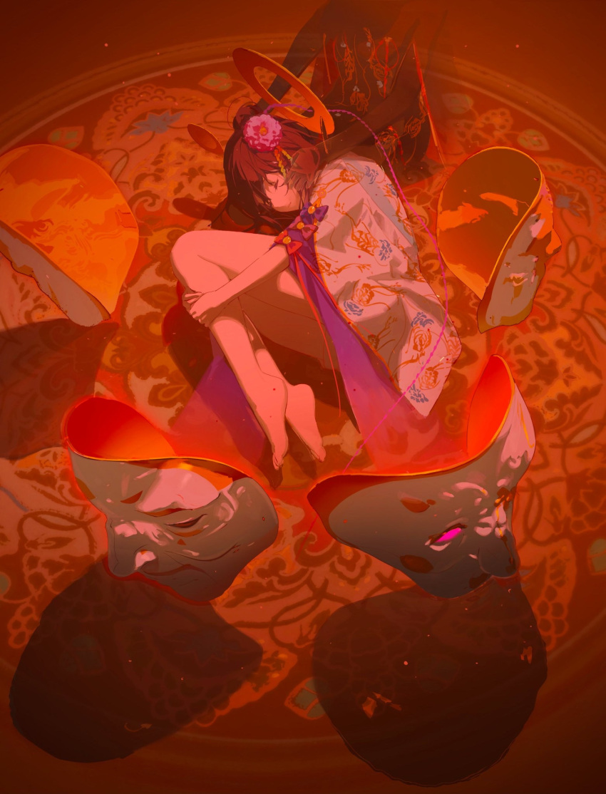 1girl bare_legs barefoot bow closed_eyes commission fetal_position floating floating_object flower full_body hair_flower hair_ornament halo highres japanese_clothes kimono knees_up md5_mismatch original print_kimono purple_bow red_bow red_theme rug shadow sheya_tin solo