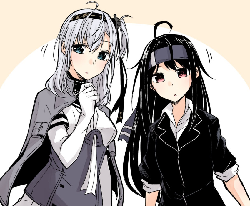2girls :o ahoge bangs black_hair blue_eyes bodysuit breasts cape clothes_writing grey_cape hachimaki hair_between_eyes hatsushimo_(kancolle) headband kantai_collection long_hair looking_at_viewer multiple_girls one_eye_closed red_eyes remodel_(kantai_collection) rindou_(rindou_annon) simple_background small_breasts suzutsuki_(kancolle) two-tone_background upper_body white_bodysuit white_neckwear