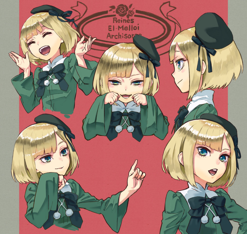 1girl bangs blonde_hair blue_ribbon blunt_bangs closed_eyes commentary_request copyright_name dress eyebrows_behind_hair fate_(series) green_dress green_eyes green_headwear hat hat_ribbon highres long_sleeves lord_el-melloi_ii_case_files multiple_views open_mouth pom_pom_(clothes) red_background reines_el-melloi_archisorte ribbon short_hair smile solo tilted_headwear two-tone_background white_background yomoyama_yotabanashi younger