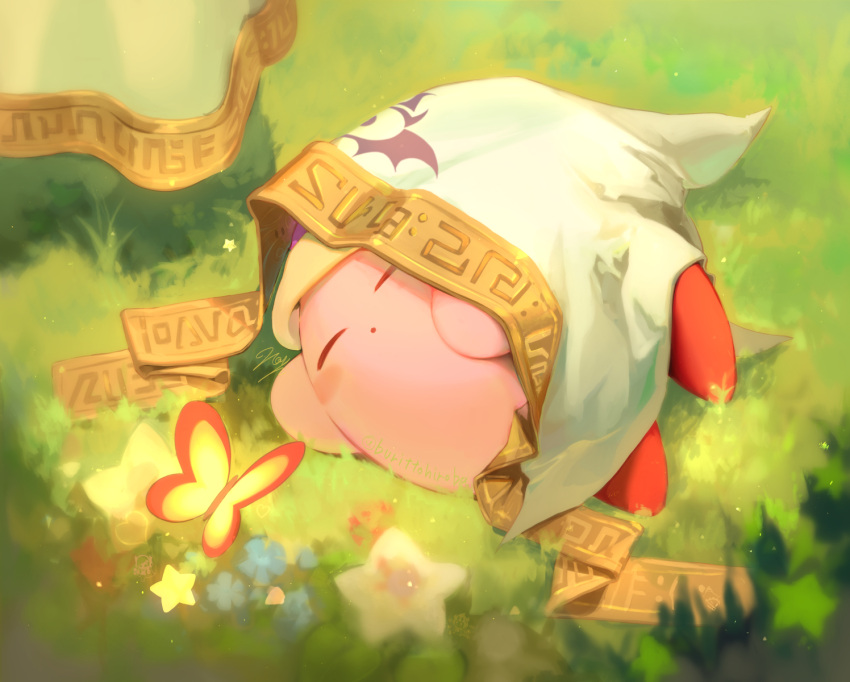 :o animal blue_flower blurry blurry_foreground blush_stickers bug butterfly closed_eyes depth_of_field flower grass highres insect kirby kirby's_dream_land kirby_(series) kouyafu lying on_grass on_side parted_lips red_flower signature sleeping solo veil white_flower