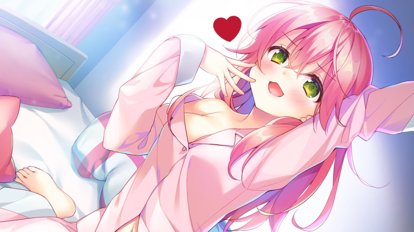 1girl ahoge arm_up barefoot bed bedroom breasts feet green_eyes hand_to_own_mouth heart highres hololive indoors long_hair navel off_shoulder open_mouth pajamas pants pillow pink_hair pink_pajamas pink_pants pink_shirt sakura_miko shirt sitting smile solo stretch stuffed_toy suimya toes