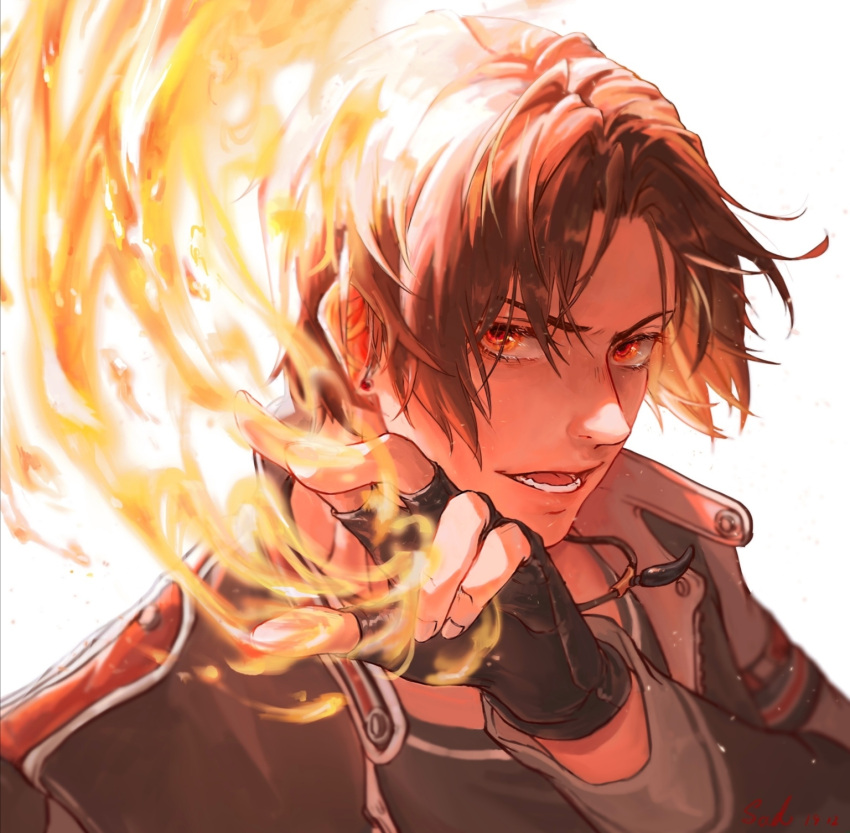 1boy black_gloves black_jacket black_shirt brown_eyes brown_hair commentary_request dated earrings fingerless_gloves fingernails fire gloves hand_up highres jacket jewelry kusanagi_kyou long_sleeves looking_at_viewer lower_teeth male_focus open_mouth portrait pyrokinesis sad_(sadisme) shirt short_hair signature simple_background solo stud_earrings the_king_of_fighters white_background