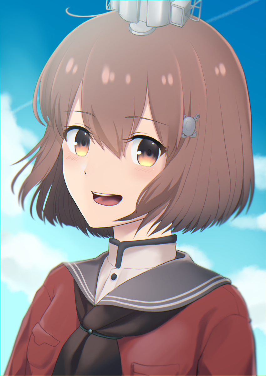 1girl absurdres black_neckwear blue_sky brown_eyes brown_hair clouds condensation_trail day grey_sailor_collar hair_ornament hairclip headgear highres kantai_collection neckerchief open_mouth red_shirt remodel_(kantai_collection) round_teeth saga_(saga_kancolle) sailor_collar sailor_shirt shirt short_hair sky solo tan_yang_(kancolle) teeth upper_body upper_teeth yukikaze_(kancolle)