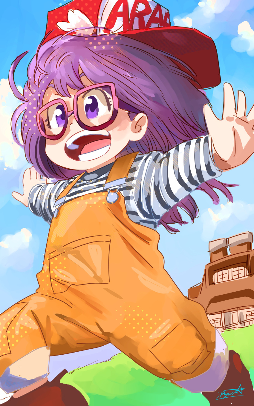 1girl :d absurdres baseball_cap blue_sky boots brown_footwear day dr._slump glasses halftone hat highres norimaki_arale open_mouth outdoors outstretched_arms purple-framed_eyewear purple_hair red_headwear running ryusei_hashida shirt sky smile solo spread_arms striped striped_shirt violet_eyes yellow_overalls